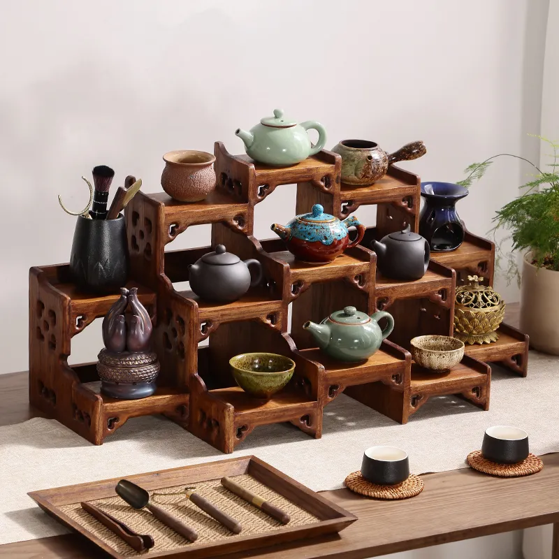 「純手工匠製」柚木製作 如意桌面博古架 階梯式設計、如意雕花紋 節省空間 大氣典雅的茶具置物架